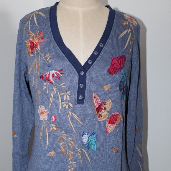 NWT Johnny Was Biya Workshop JWLA Aria V-Neck Embroidered Thermal Top Tee L/S - Picture 4 of 8
